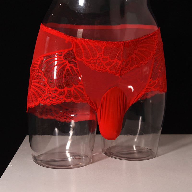 Men's Lace Thong Underwear Fully Transparent Delicate Sexy Fun Plus Size Lace Low Waist Triangle Breathable