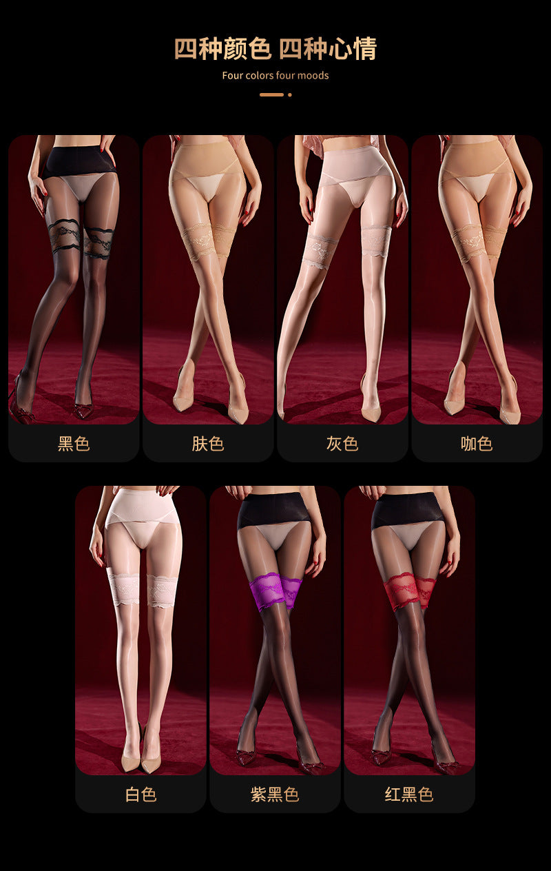 Aurora Ultra-Thin Black Silk Fake Two-Piece Lace Trim Stockings for Women Shiny Thigh-High Fake Over-the-Knee High Stockings