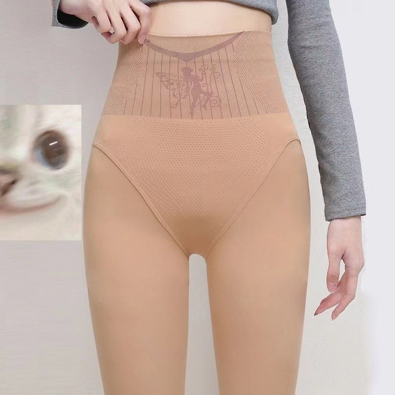 Autumn and Winter New Flower Fairy Black Silk Glossy High Waist Belly Contracting Butt-lifting Women's One-piece Fleece-lined Outerwear Leggings