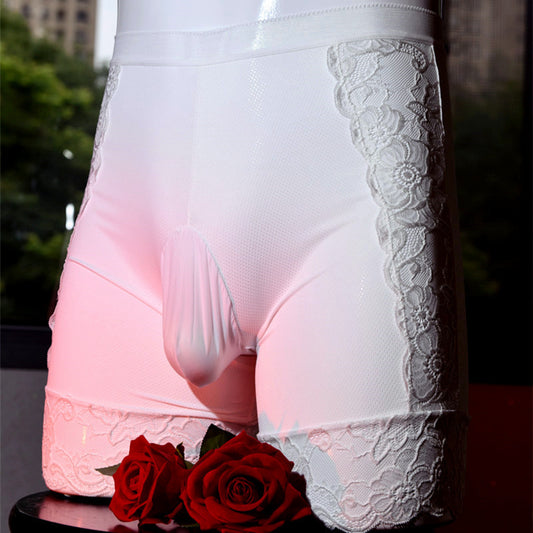 200Men's Ice Silk Underwear Sexy and Breathable jj Lace Trimmed Thong Panties with Stockings, Cool and Anti-Chafing Thigh and Flat Leg Pants