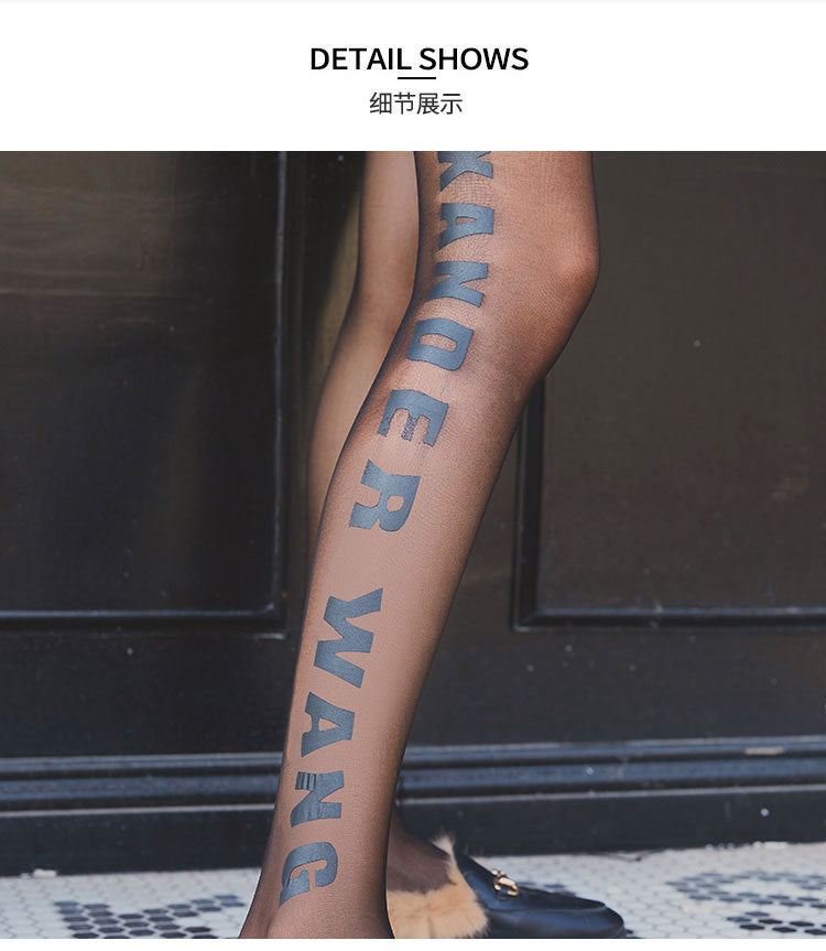Autumn and Winter Printed AW Black Trendy Brand Side Letter Slimming Personality Beautiful Leg Stockings Letter Stockings