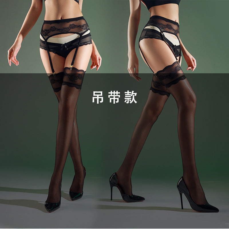 Aurora Glossy Black Silk Garter Stockings Women Sexy Over-the-Knee Long Tube Lace Stockings Pure Desire Lace One-Piece Garter Stockings