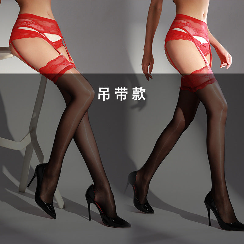 Aurora Glossy Black Silk Garter Stockings Women Sexy Over-the-Knee Long Tube Lace Stockings Pure Desire Lace One-Piece Garter Stockings