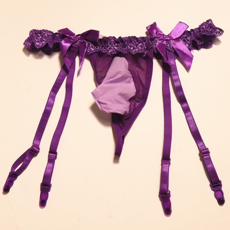 Plus Size Men's Underwear Triangle Suspender Shorts Long Tube Ultra-Thin Transparent Sexy Lace Belt jj Stockings and Thong Set