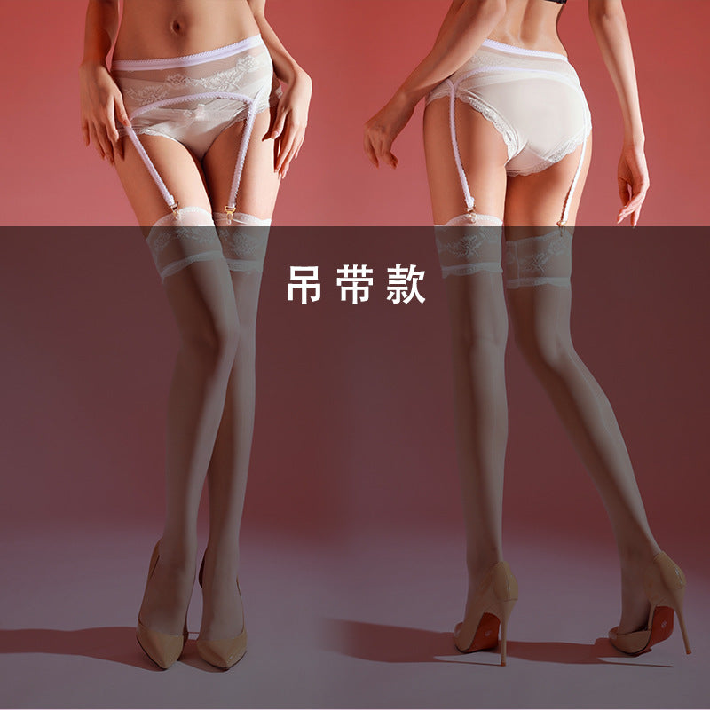 Aurora Glossy Black Silk Garter Stockings Women Sexy Over-the-Knee Long Tube Lace Stockings Pure Desire Lace One-Piece Garter Stockings