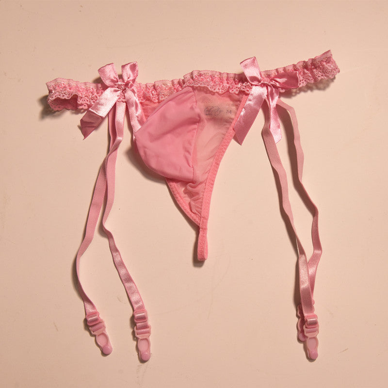 Plus Size Men's Underwear Triangle Suspender Shorts Long Tube Ultra-Thin Transparent Sexy Lace Belt jj Stockings and Thong Set