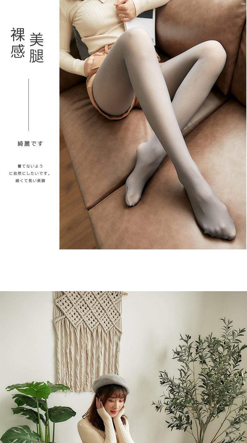 Autumn and Winter New Style Flight Attendant Gray Leggings Fake Sheer Fleece-Lined Thickened Women's High-Waisted One-Piece Pantyhose True Skin-Translucent Tights