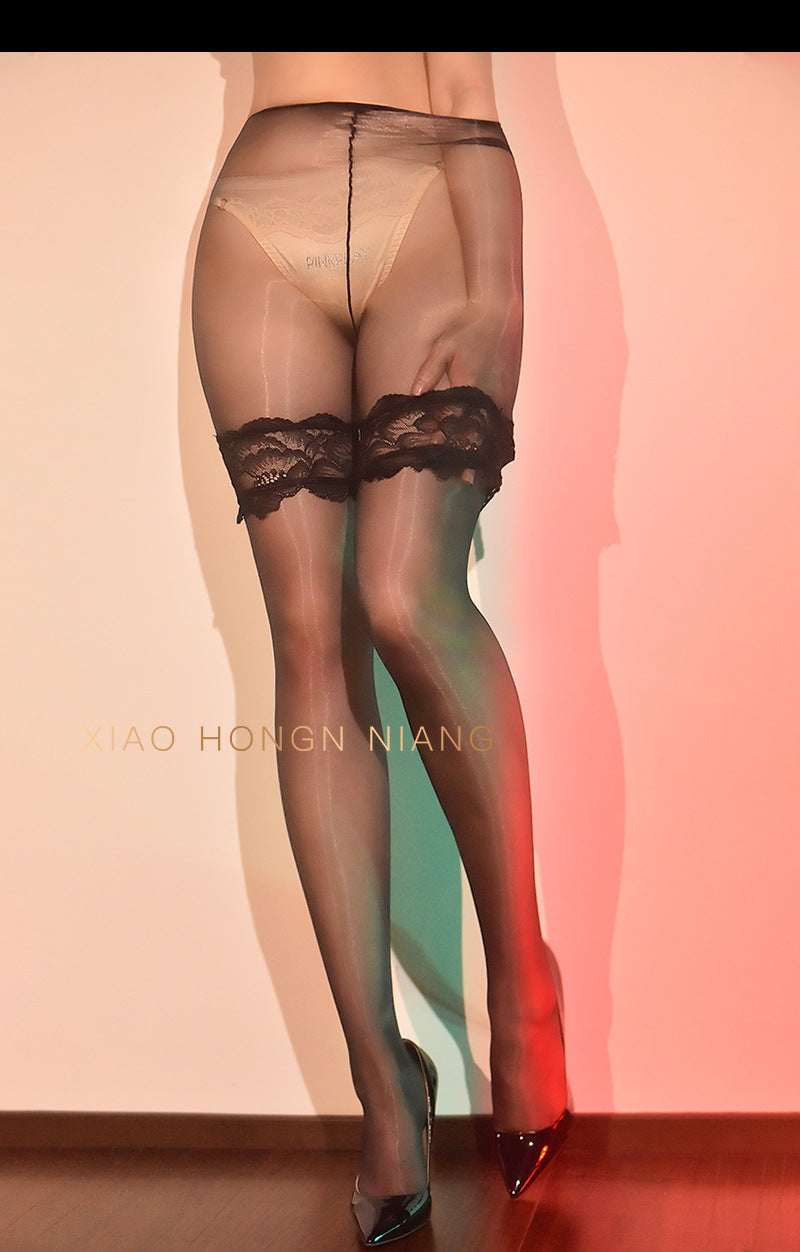 Aurora Ultra-Thin Black Silk Fake Two-Piece Lace Trim Spliced Stockings for Women Shiny Thigh-High Socks Fake Over-the-Knee High Tube Socks