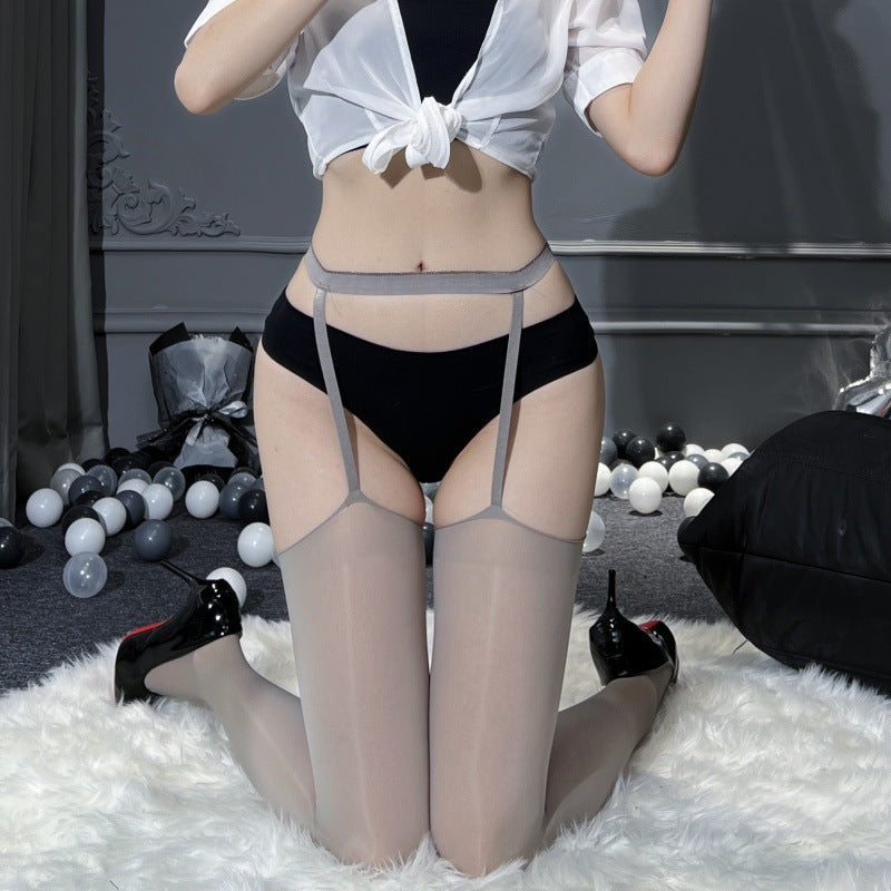 8D Sexy Lace One-Piece Camisole Black Stockings Thin Pure Desire Style White Lace Trim High Tube Over-the-Knee Stockings Erotic