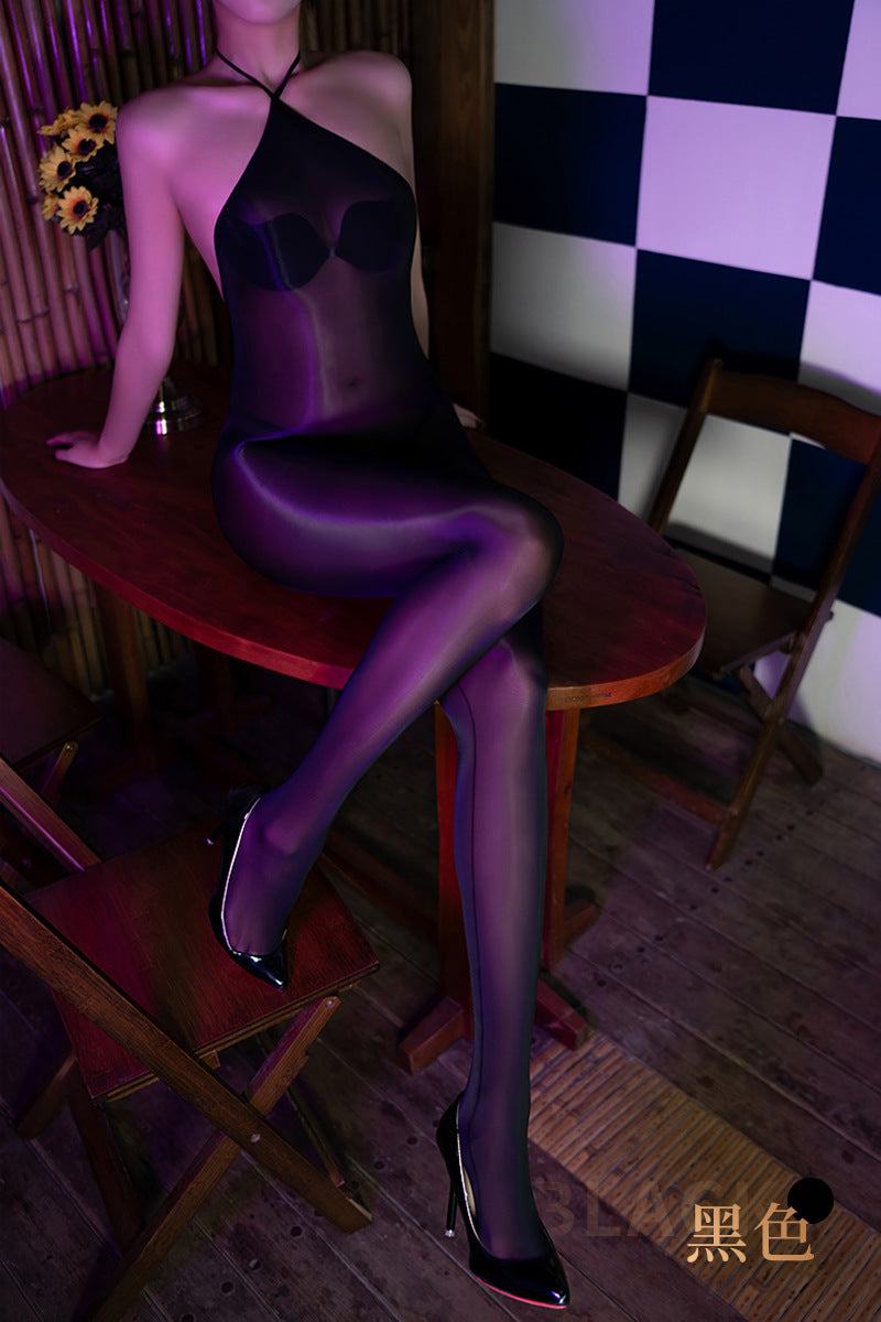 5D Glossy Stockings Bodysuit Sexy See-through Smooth Halter Neck Tie Shaping Bodysuit Open Crotch Temptation Lingerie
