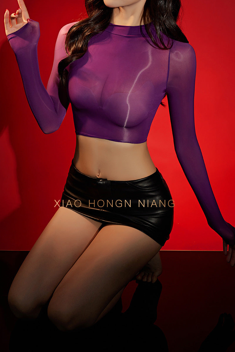 XHN Pure Desire Hot Girl Top Slim Fit Short Stockings Underwear Glossy Silky Bodysuit Grape Purple Short Top