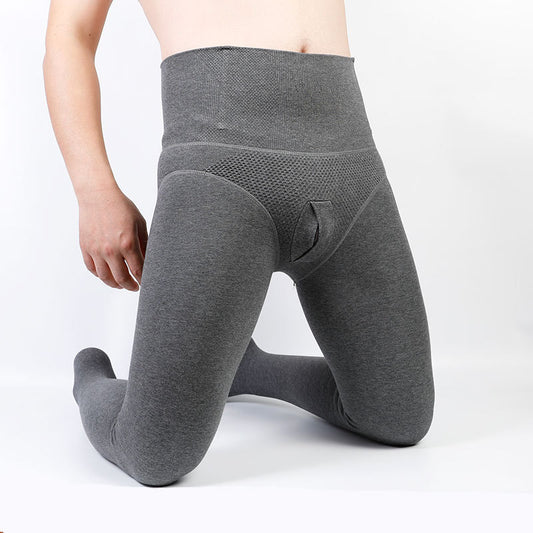 Autumn and Winter Men's Fleece-Lined Thickened Thermal Tights High-Waisted Tummy Control Slim Fit Vertical Opening Pantyhose