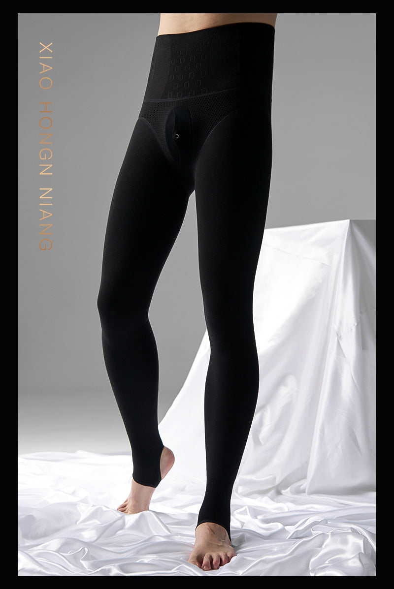 Autumn and Winter Men's Fleece-Lined Thermal Tights High Waist Tummy Control Vertical Opening Tight Sexy Thickened Stockings Leggings