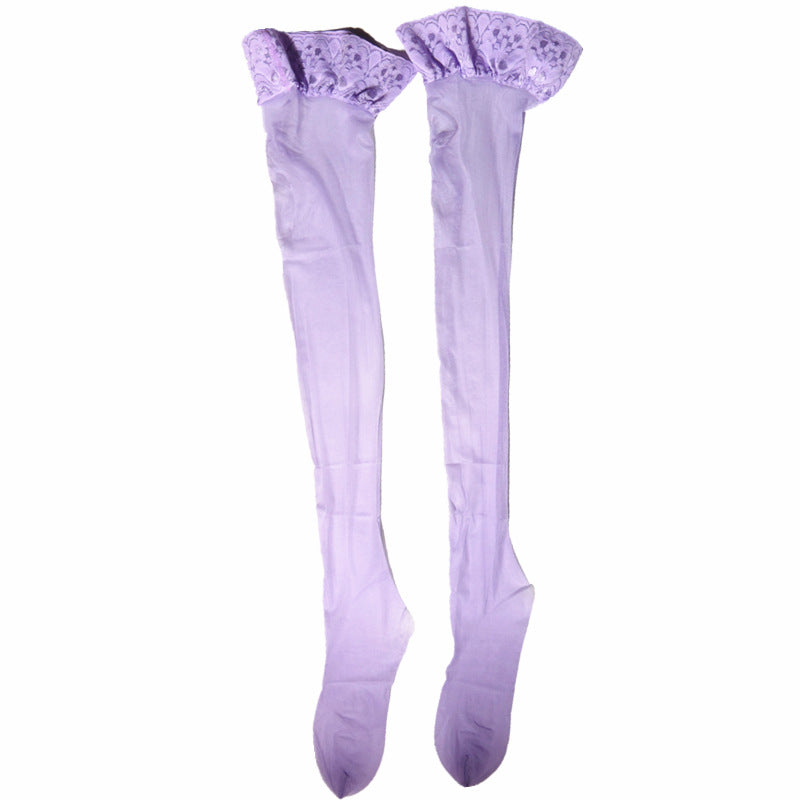 Aurora Series Sexy1D Glossy Silky Lace Non-Slip Silicone White High Tube Socks Black Long Tube Stockings for Women