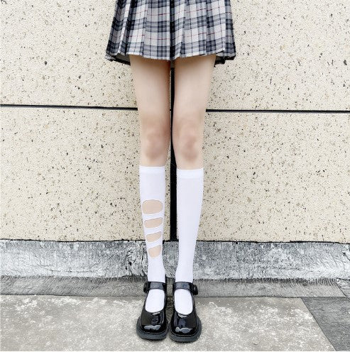 Asymmetric Ripped Socks for Women ins Trendy Internet Celebrity Street Style ins Trendy Mid-Calf Socks JK Black Stockings Calf Socks AB Socks