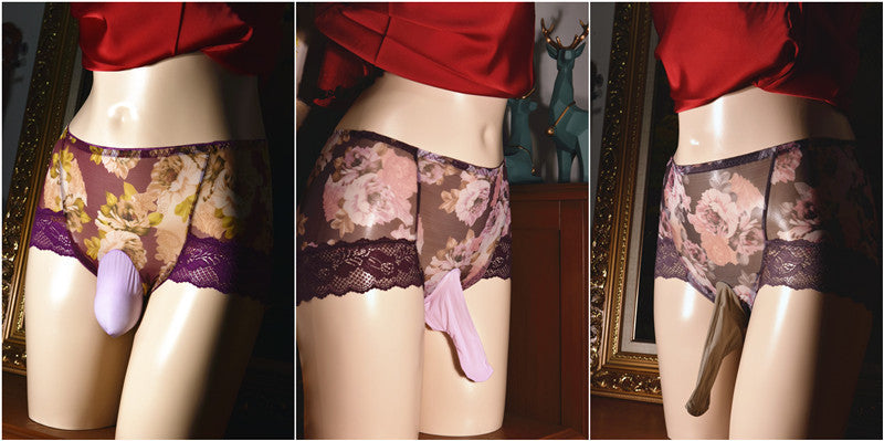 Little Matchmaker230Men's Mesh Triangle Underwear Large Size Printed Sexy Mid-Waist Ice Silk Ultra-Thin Men's Underwear