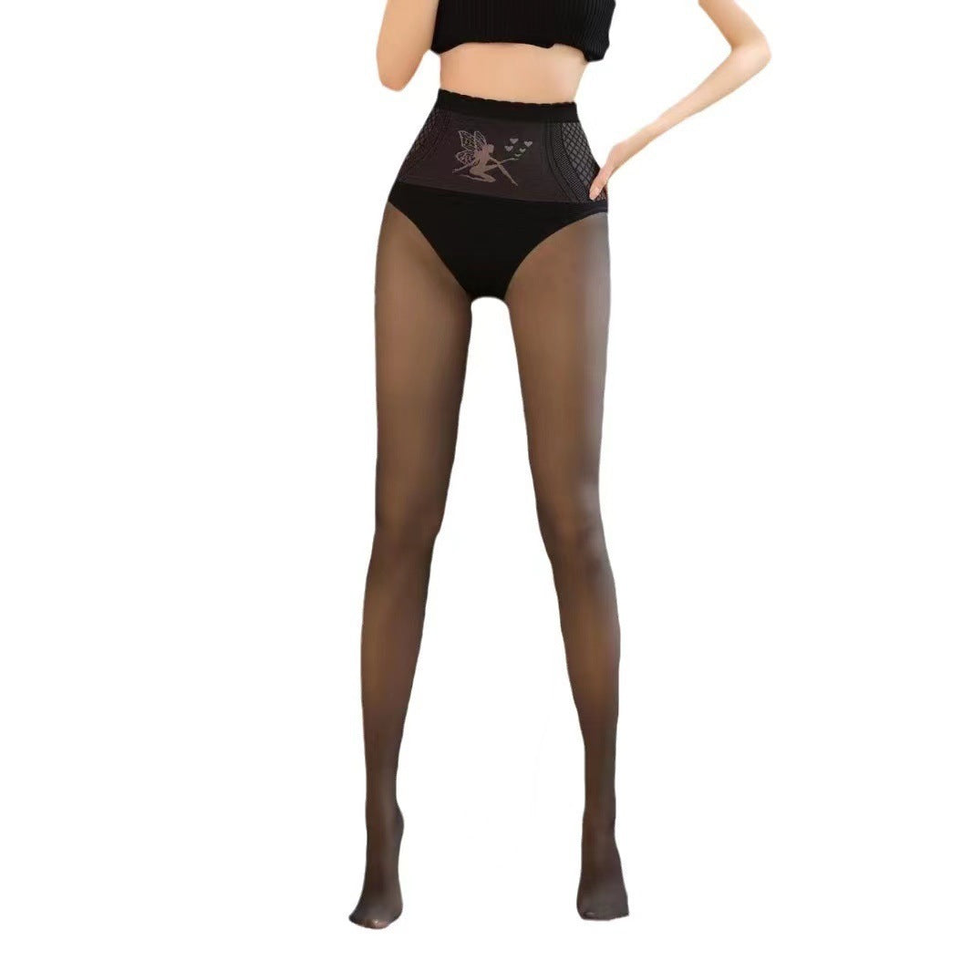 Autumn and Winter New Flower Fairy Black Silk Glossy High Waist Belly Contracting Butt-lifting Women's One-piece Fleece-lined Outerwear Leggings