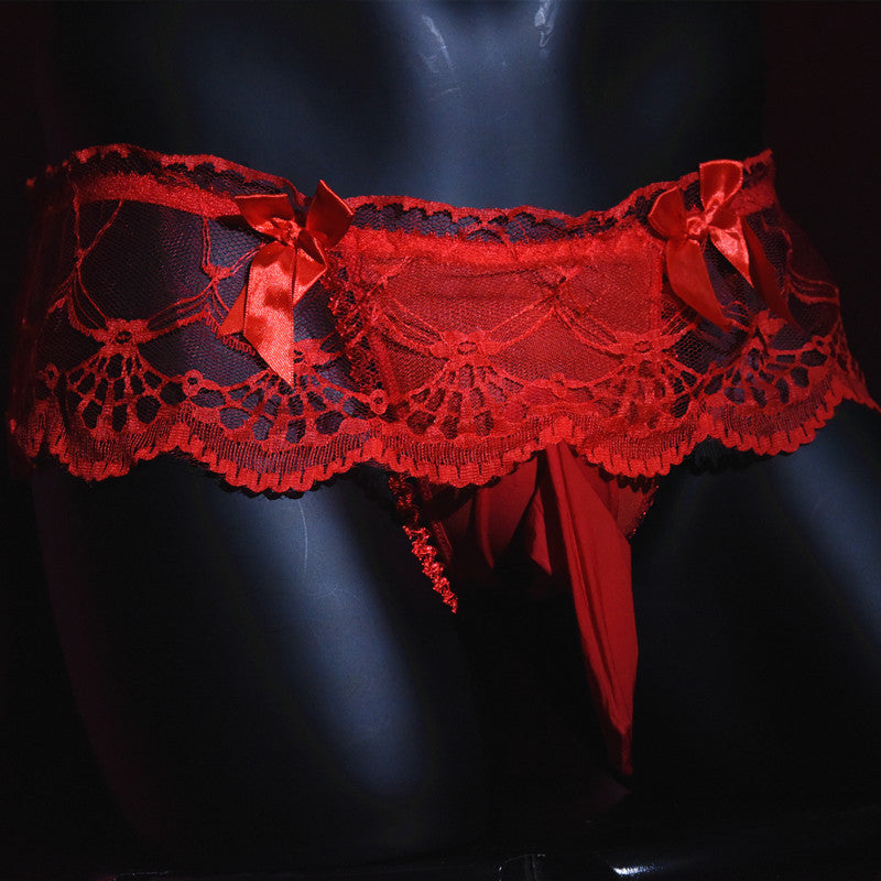 Men's Sexy Thong Lace Strap Underwear Ultra-thin Transparent Low-rise Transvestite Erotic Underwear Airplane jj Set