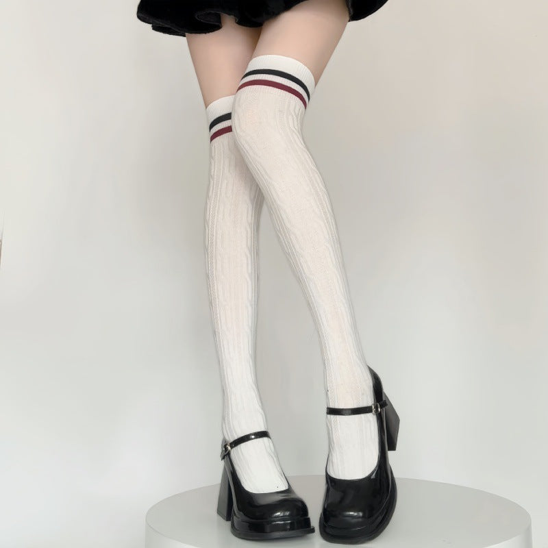 Academy Style Long Tube Socks Women's Two-Stripe Braided Pile Socks Japanese and Korean Striped Long Tube Over-the-Knee Socks