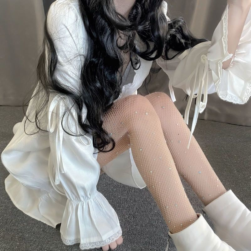 AliExpress European and American Sexy Fishnet Stockings with Rhinestones, Fishnet Tights with Rhinestones, Mesh Small Mesh Pantyhose, Slimming Effect