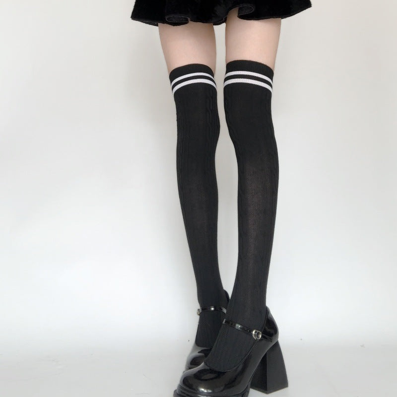 Academy Style Long Tube Socks Women's Two-Stripe Braided Pile Socks Japanese and Korean Striped Long Tube Over-the-Knee Socks
