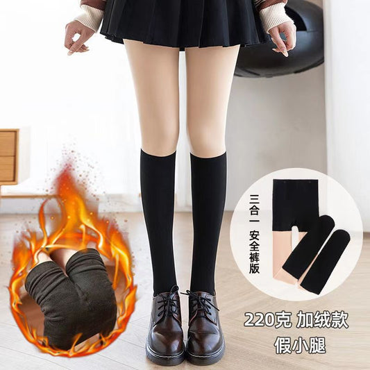 3-in-1 Bare Leg Artifact Fake Calf JK Stockings with Safety Pants, Fleece-Lined, Barely There Feel, Over-the-Knee, Base Layer Pantyhose