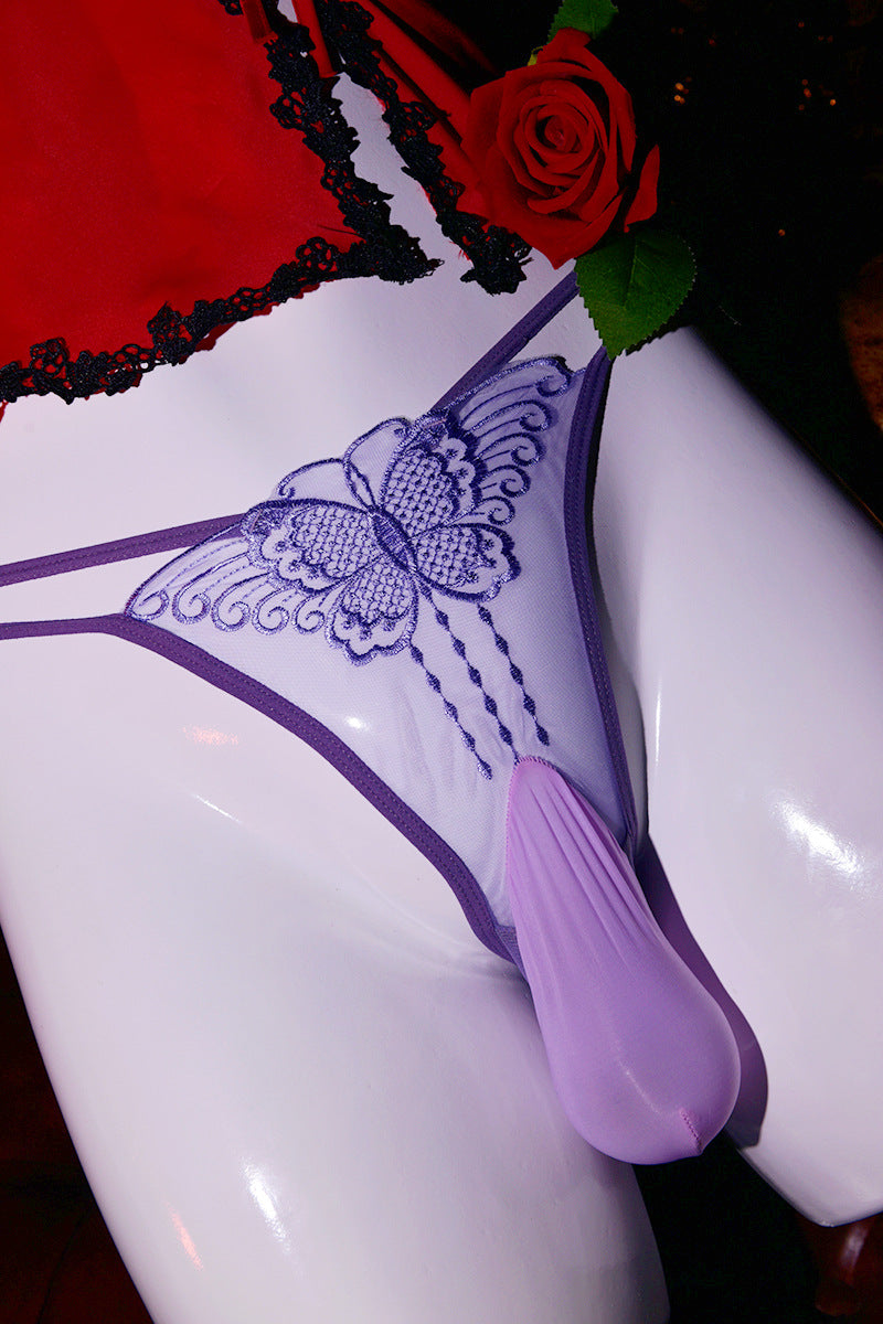 Men's Hollow Out Underwear jj Set of Nude Lace Low Waist Embroidered Butterfly Hot Temptation Transparent Sexy Plus Size Briefs