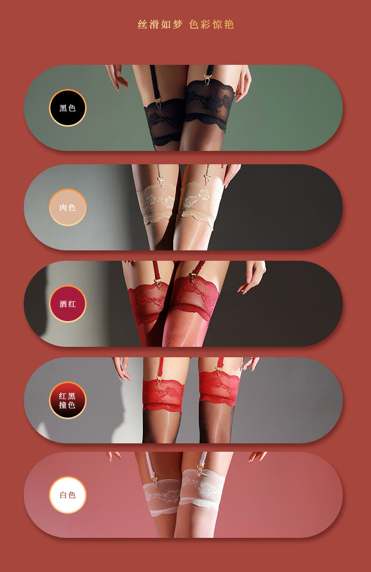 Aurora Glossy Black Silk Garter Stockings Women Sexy Over-the-Knee Long Tube Lace Stockings Pure Desire Lace One-Piece Garter Stockings