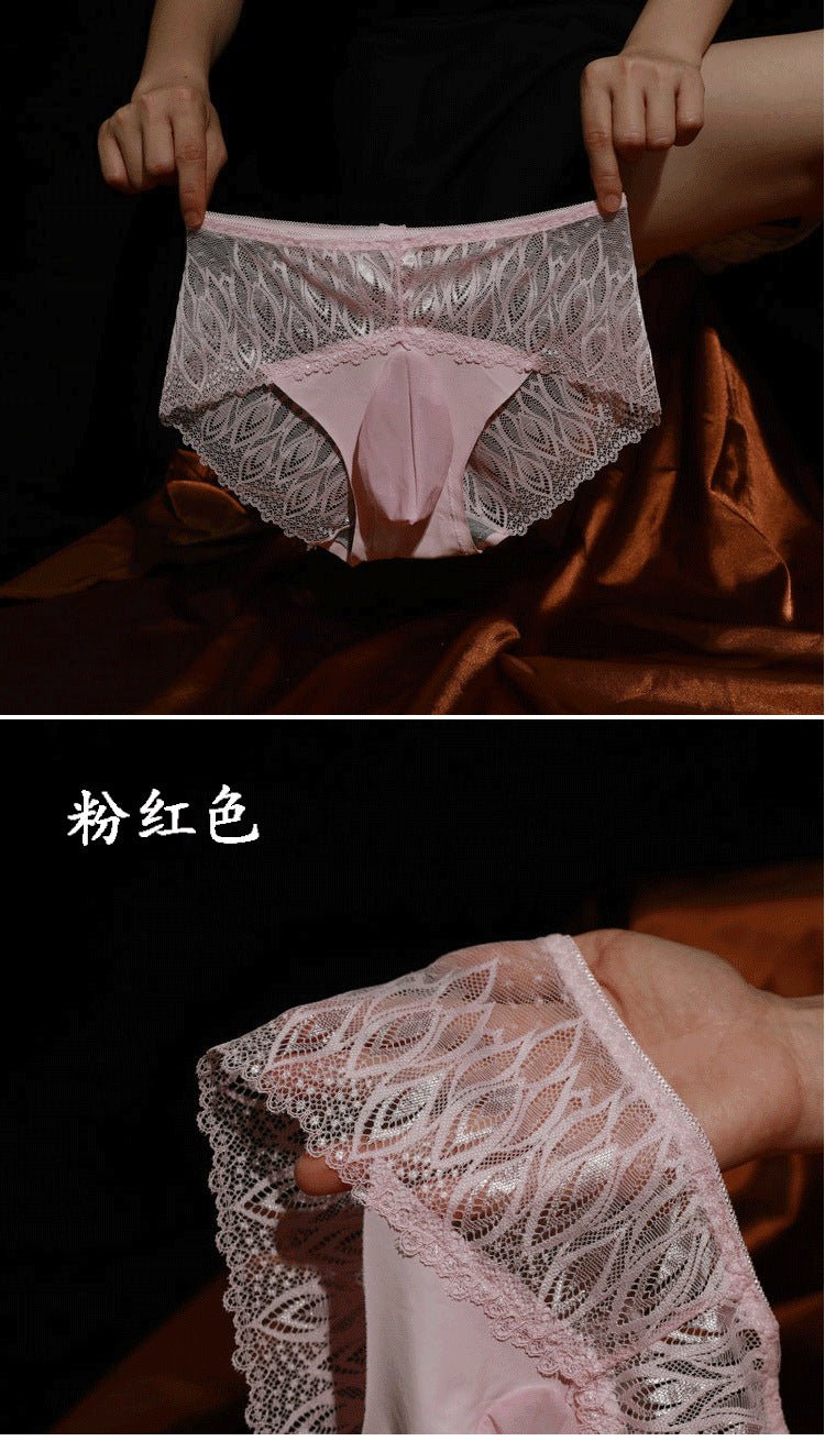 Men's Lace Underwear with Straps jj Set of Sexy Glossy Stockings and Panties Ultra-thin Breathable Summer Fully Transparent Triangle Panties