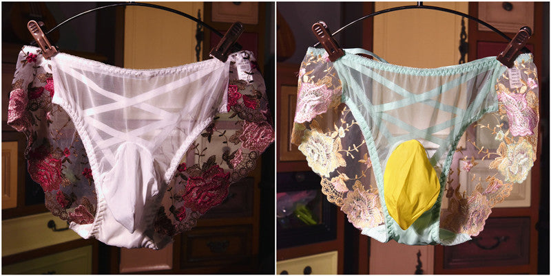 Men's Sexy Lace Embroidered Underwear Stockings Shorts Sexy jj Breathable Plus Size Triangle Briefs with Egg Covering and Airplane Pants