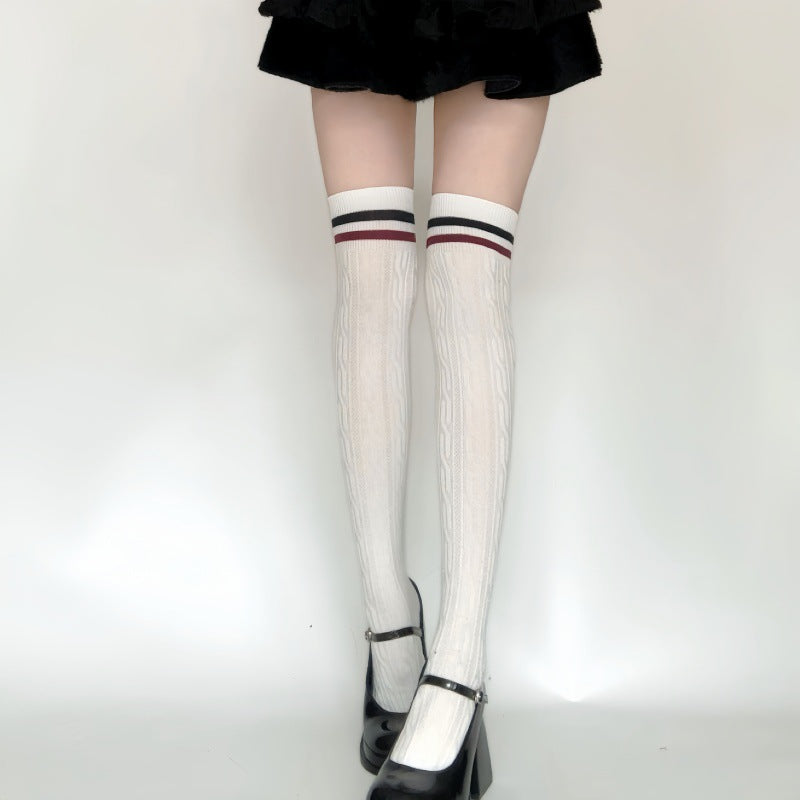 Academy Style Long Tube Socks Women's Two-Stripe Braided Pile Socks Japanese and Korean Striped Long Tube Over-the-Knee Socks