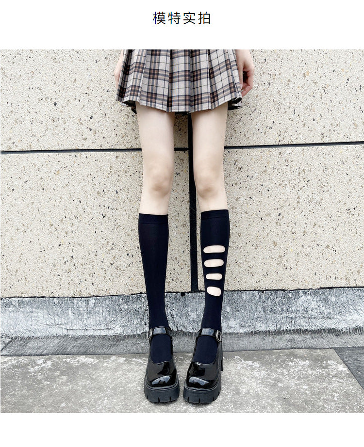 Asymmetric Ripped Socks for Women ins Trendy Internet Celebrity Street Style ins Trendy Mid-Calf Socks JK Black Stockings Calf Socks AB Socks