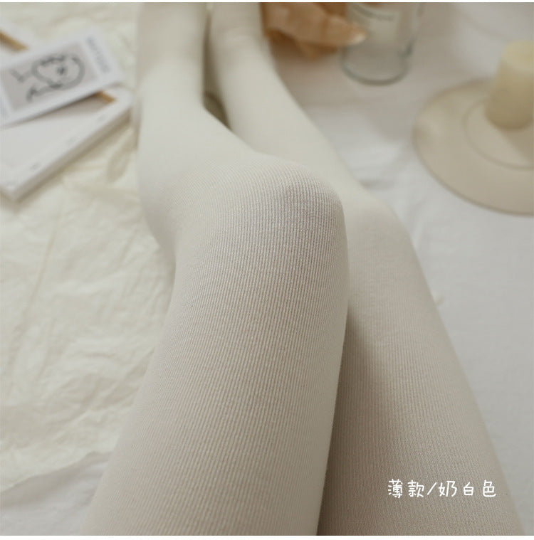 Autumn Winter New Japanese Style Cotton Vertical Striped Tights Oatmeal Color Base Layer Fleece Lined Thickened Warm Outerwear Base Socks