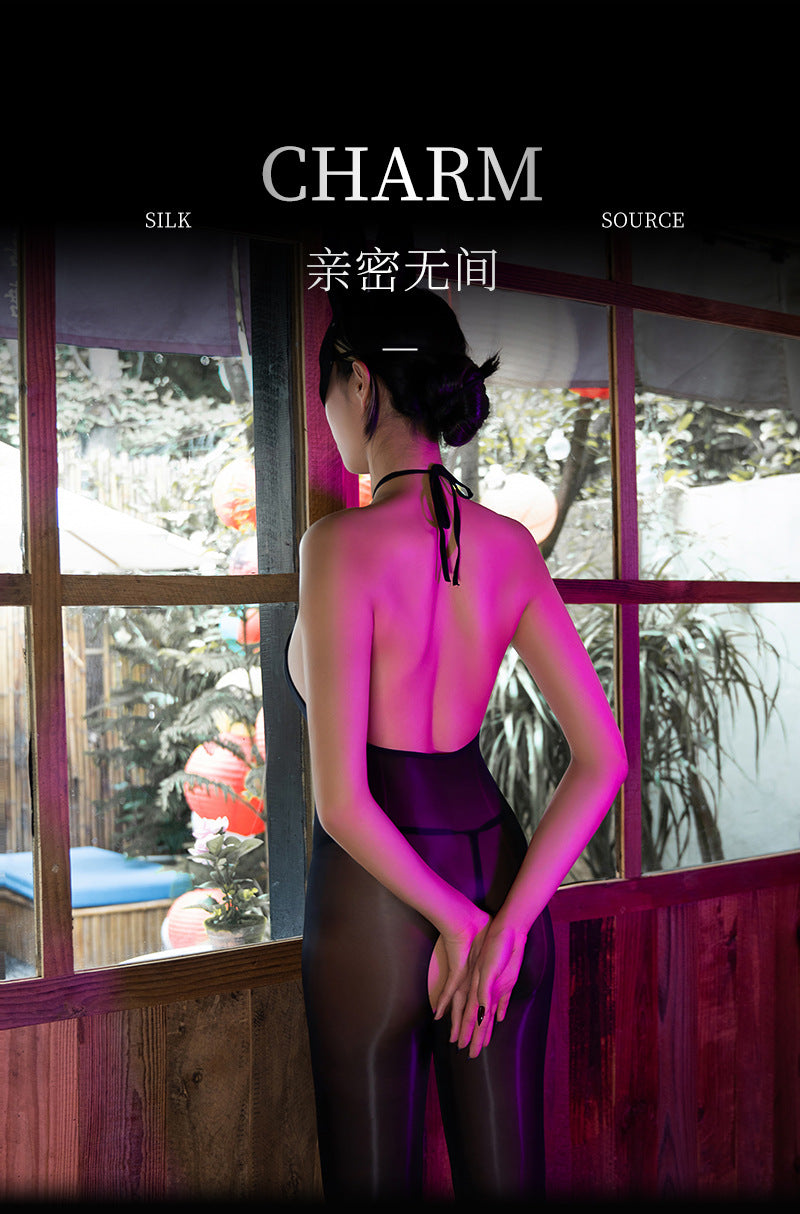 5D Glossy Stockings Bodysuit Sexy See-through Smooth Halter Neck Tie Shaping Bodysuit Open Crotch Temptation Lingerie