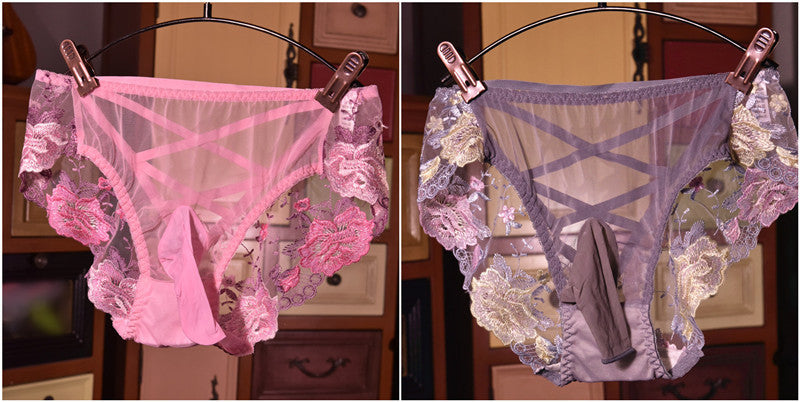 Men's Sexy Lace Embroidered Underwear Stockings Shorts Sexy jj Breathable Plus Size Triangle Briefs with Egg Covering and Airplane Pants