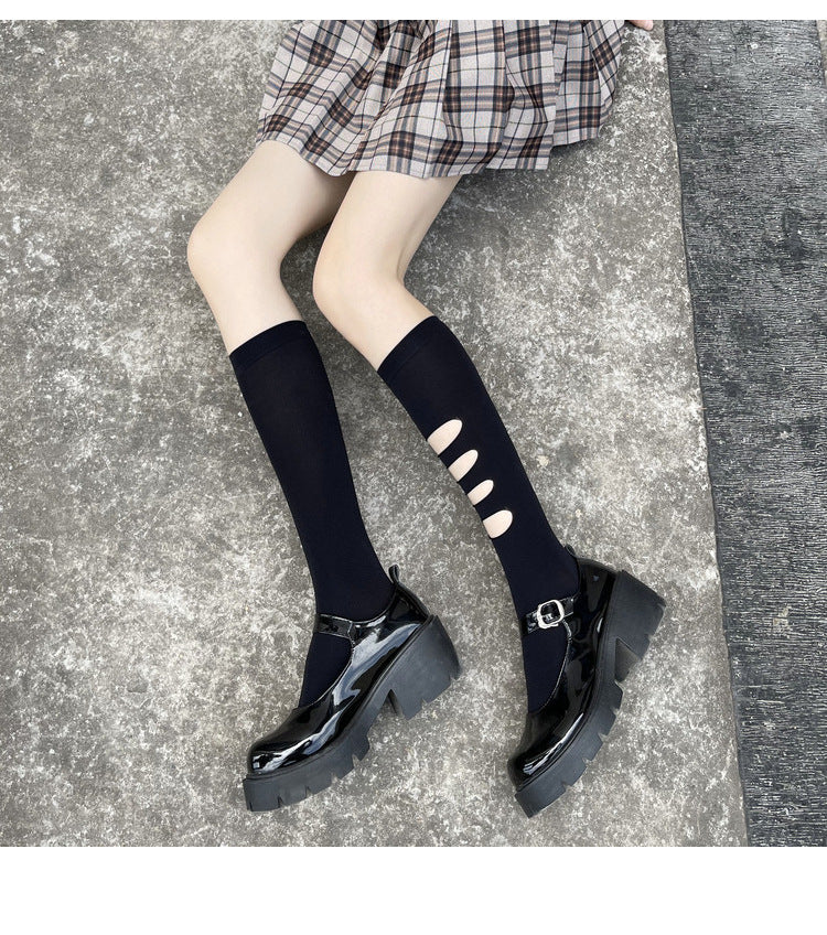 Asymmetric Ripped Socks for Women ins Trendy Internet Celebrity Street Style ins Trendy Mid-Calf Socks JK Black Stockings Calf Socks AB Socks