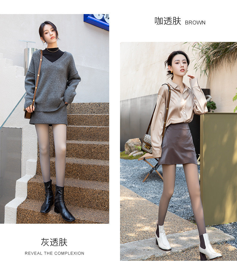 Autumn Winter New Style Flight Attendant Gray Leggings Fleece Lined Thickened One-piece Sheer Fake Flesh Plus Size Pantyhose Skin Color