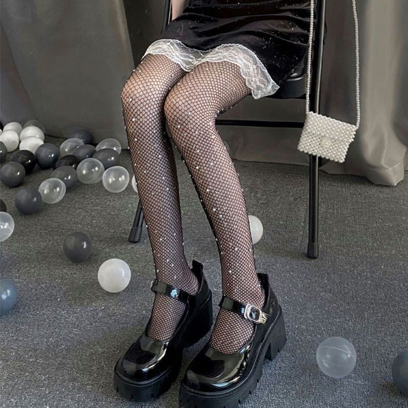 AliExpress European and American Sexy Fishnet Stockings with Rhinestones, Fishnet Tights with Rhinestones, Mesh Small Mesh Pantyhose, Slimming Effect