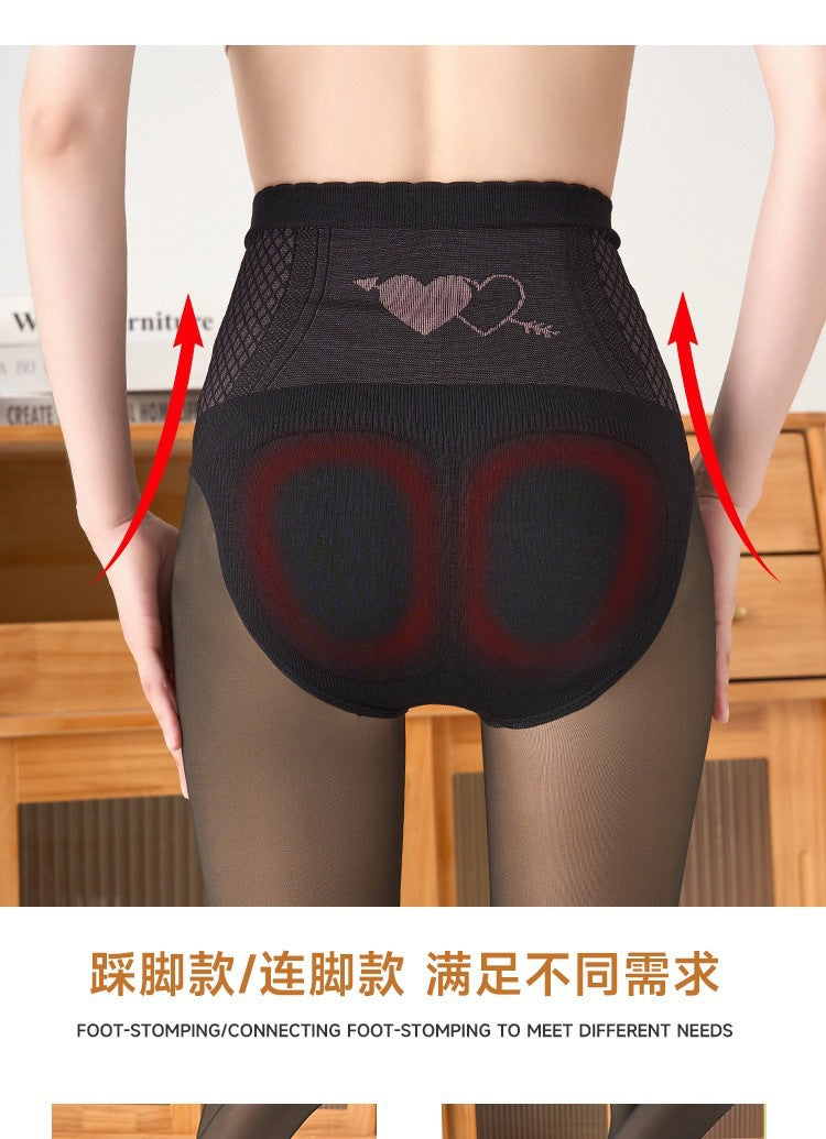 Autumn and Winter New Flower Fairy Black Silk Glossy High Waist Belly Contracting Butt-lifting Women's One-piece Fleece-lined Outerwear Leggings