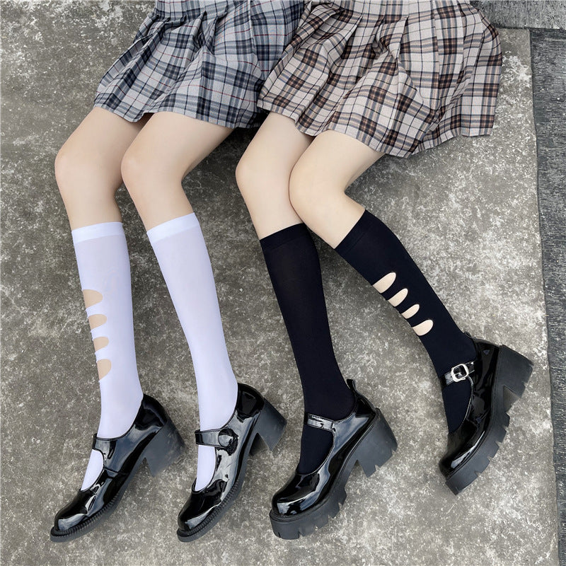 Asymmetric Ripped Socks for Women ins Trendy Internet Celebrity Street Style ins Trendy Mid-Calf Socks JK Black Stockings Calf Socks AB Socks