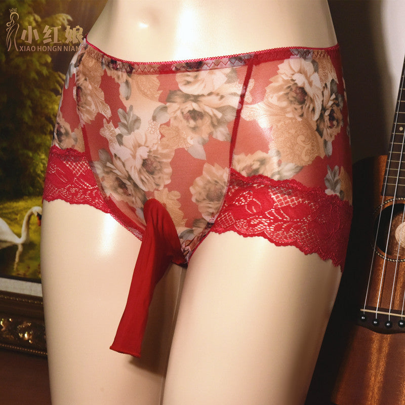 Little Matchmaker230Men's Mesh Triangle Underwear Large Size Printed Sexy Mid-Waist Ice Silk Ultra-Thin Men's Underwear