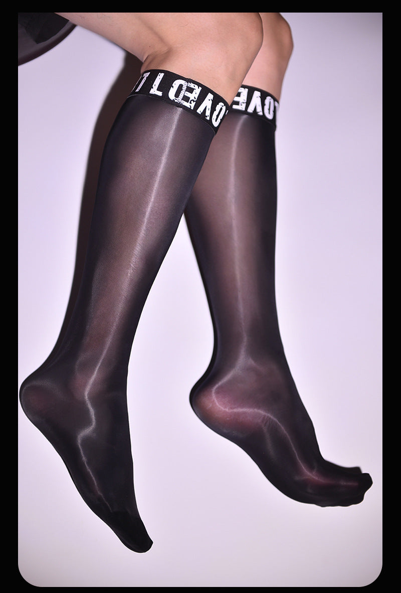 Little Red Matchmaker Men's Letter Breathable Formal Stockings Mirror Mid-Calf Socks Silky Glossy Black Silk Business Footless