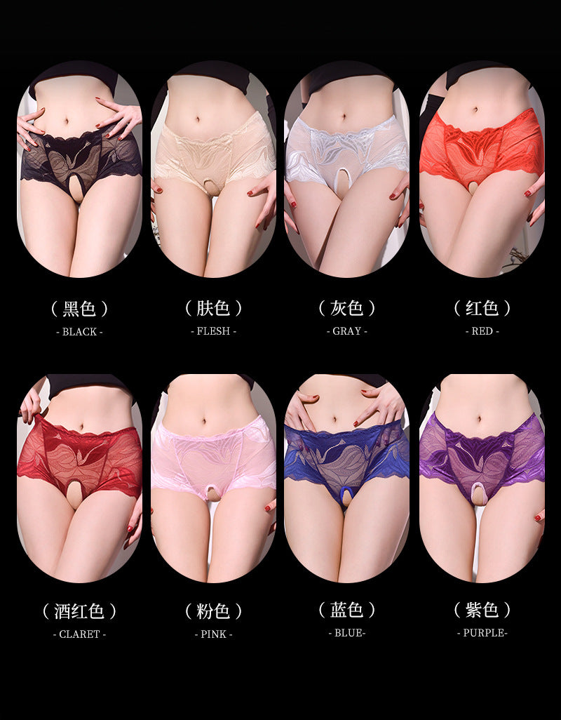 Little Red Riding Hood No-Need-To-Remove Underwear Sexy Lace Mid-Waist Shorts Hollow Breathable Comfortable Sexy Open-Crotch Hip-Lifting Triangle Panties