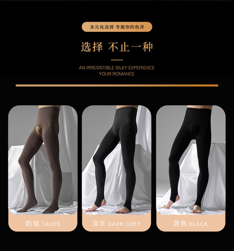 Autumn and Winter Men's Fleece-Lined Thermal Tights High Waist Tummy Control Vertical Opening Tight Sexy Thickened Stockings Leggings