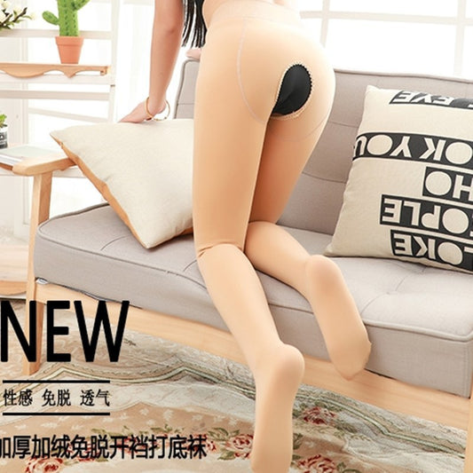 Autumn Winter Open Crotch Sexy Stockings Fleece Lined Thickened Leggings Women's No-Remove Large Size Open Crotch Warm Pantyhose
