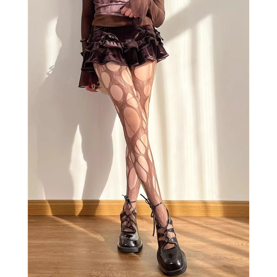 American Retro Style Distressed Fishnet Stockings Irregular Hot Girl Subculture y2k Hollow Out Pure Desire Sexy Black Stockings